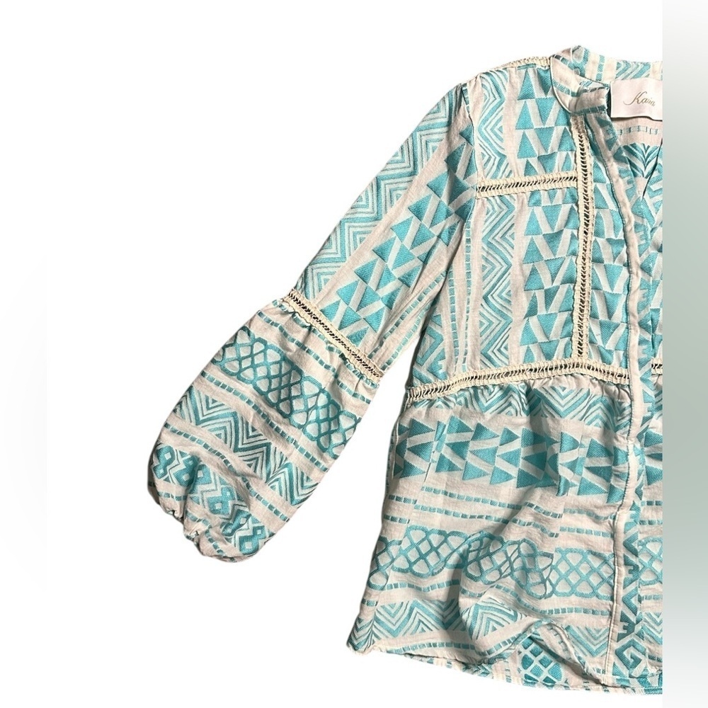 Kasia Cut Out Embroidered Balloon Sleeve Boho Blouse Turquoise Medium - Picture 3 of 7